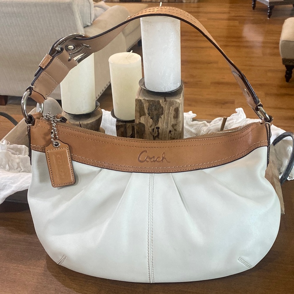 Coach white satchel hand bag with tan trim